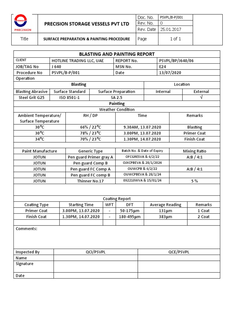 Blasting & Painting Report Format PDF Business Process