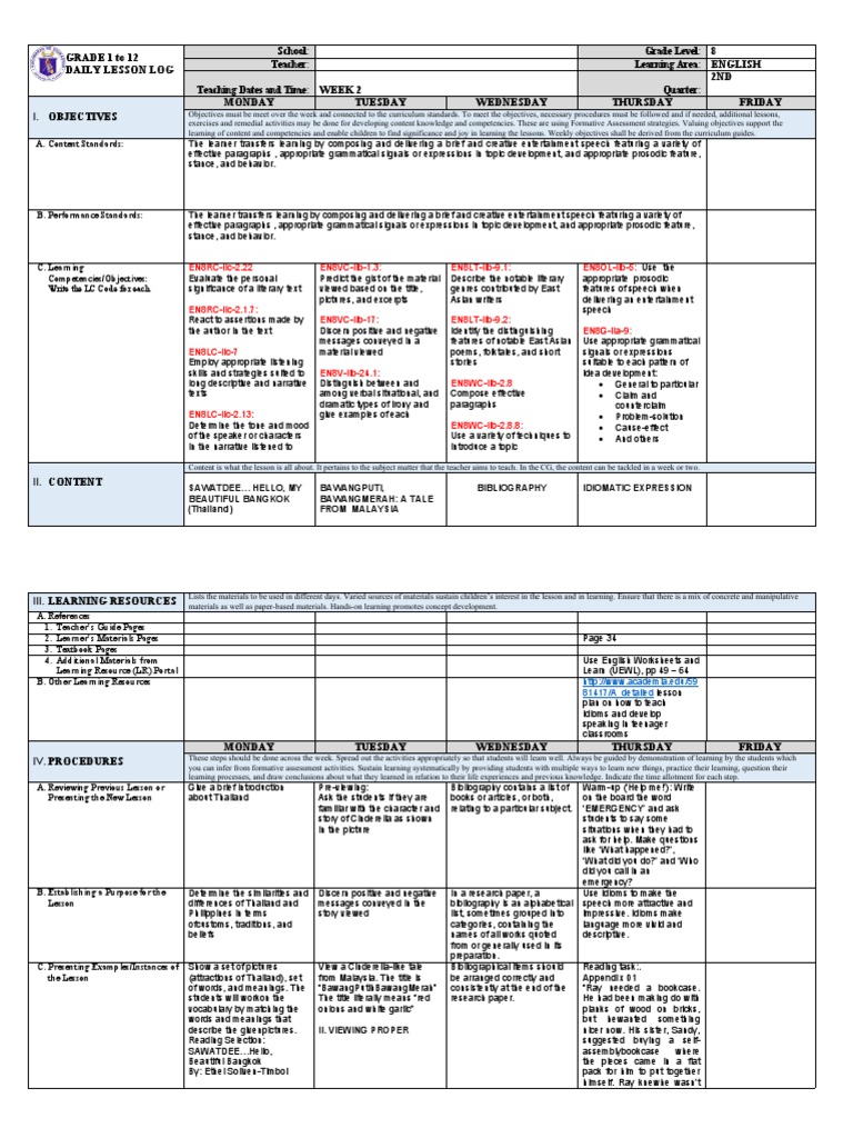 Grade 8 English Weekly Lesson Plan | PDF | Bibliography | Educational ...