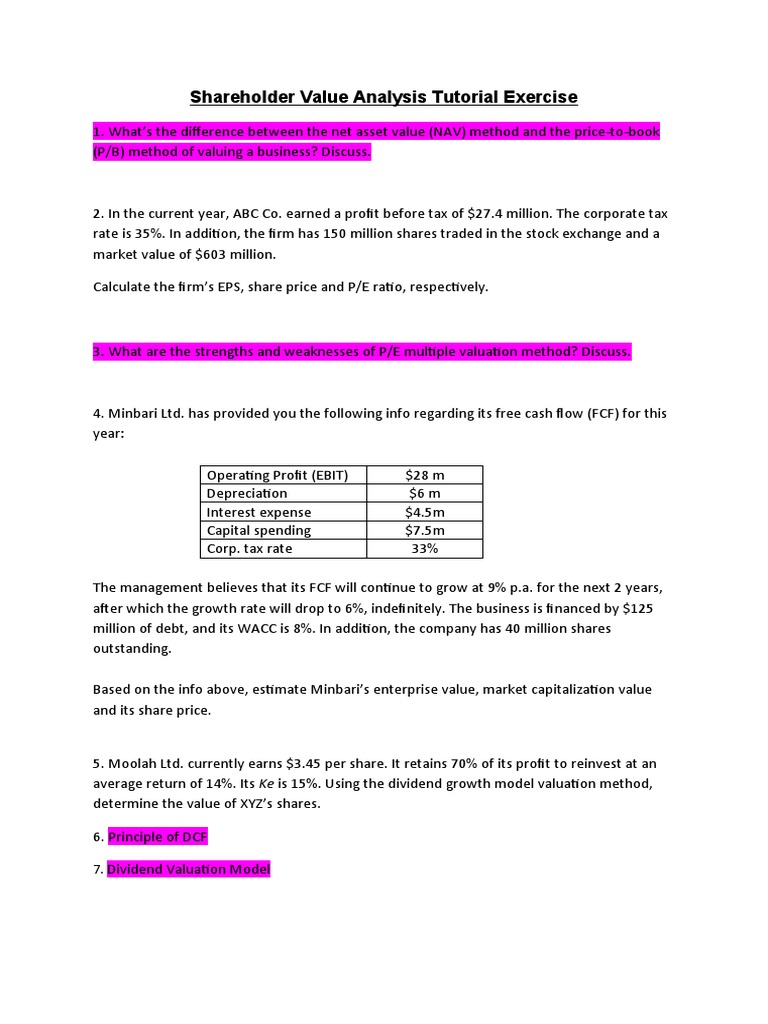 Shareholder Value Analysis Tutorial | PDF