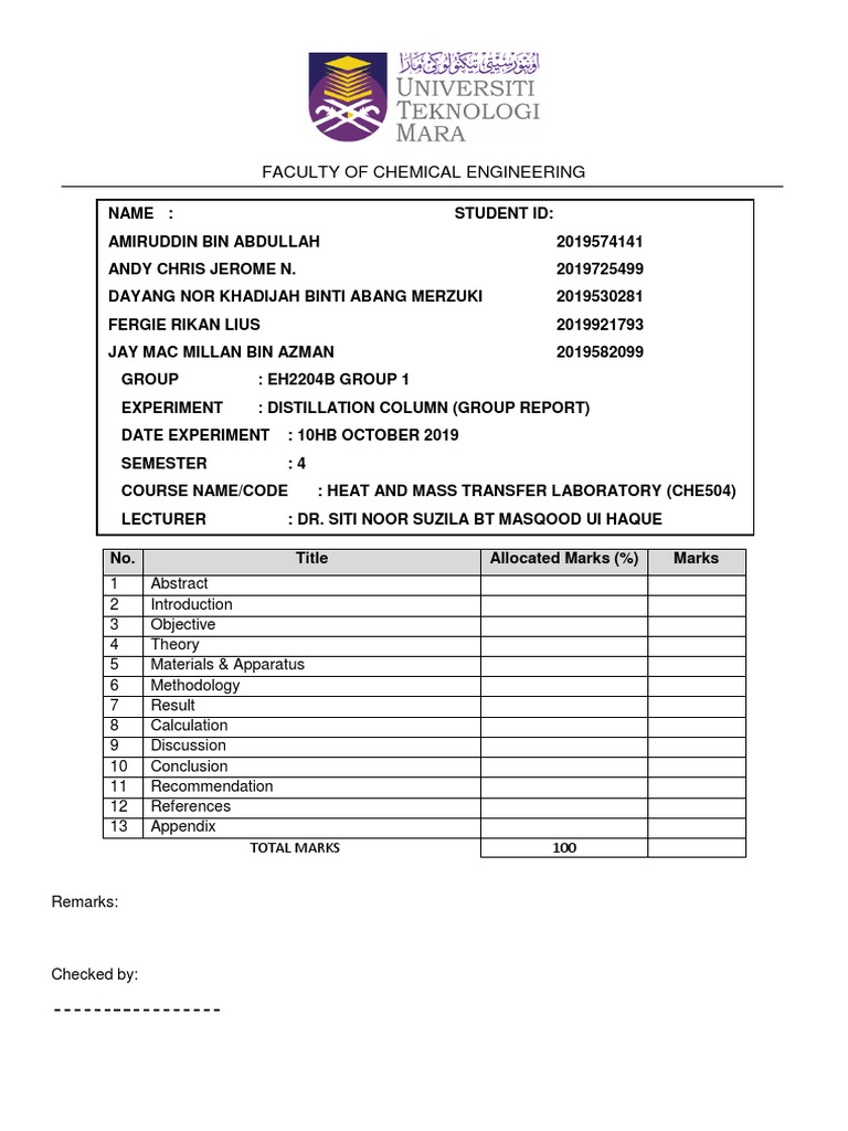 CHE504 Lab Report Distillation Column Group 1 Download Free PDF