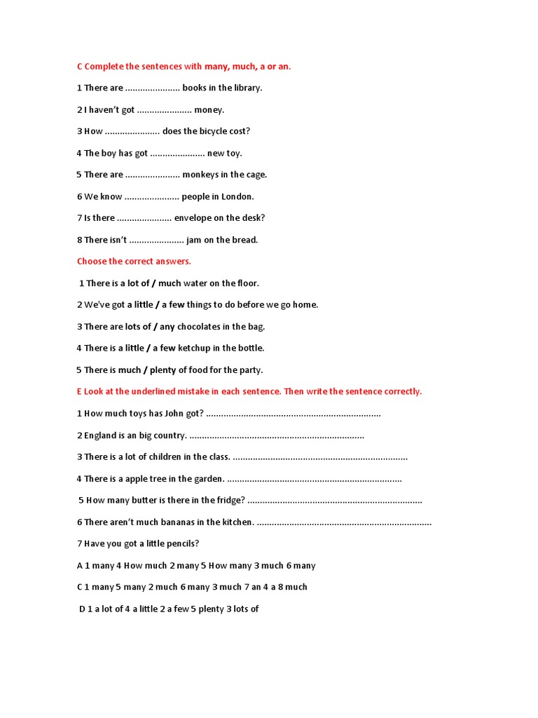 C Complete The Sentences With Many, Much, A or An | PDF | Beverages