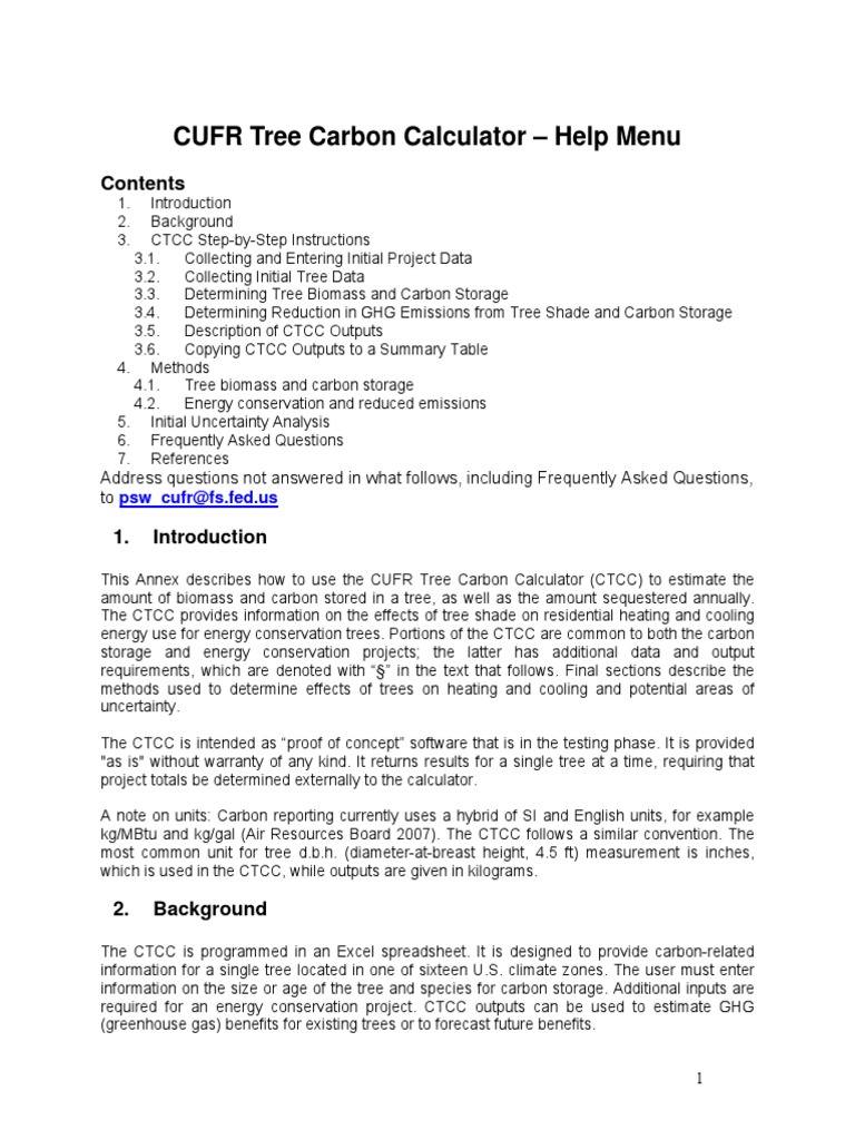 CUFR Tree Carbon Calculator Help Menu PDF Emission Intensity