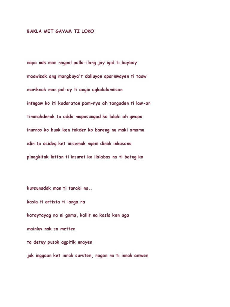 Bakla Met Gayam Ti Loko Pdf Leisure Songs Written