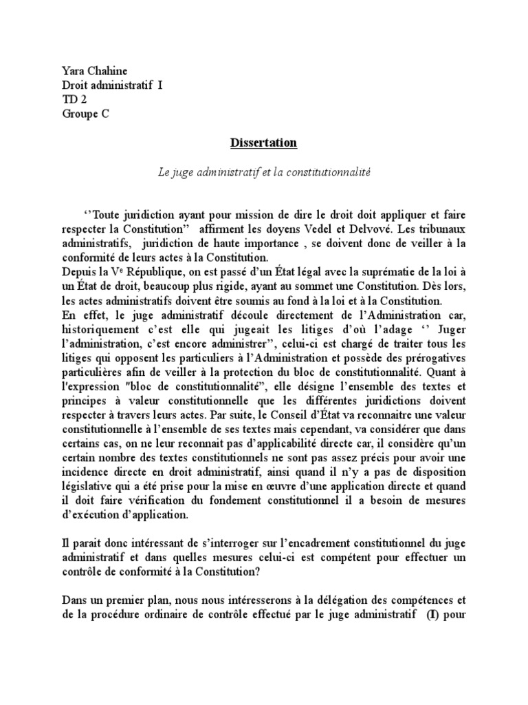 Le Juge Administratif Et La Loi Dissertation Dissertation TD2 Droit Admi PDF | PDF | Constitution | Loi constitutionnelle
