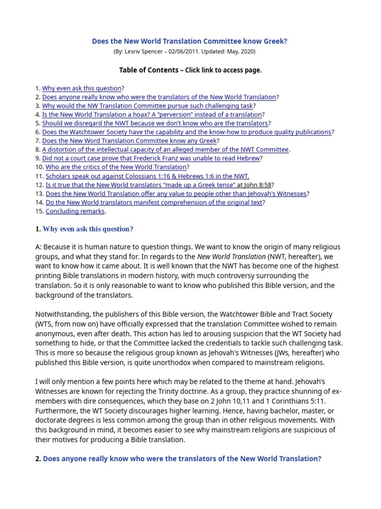 Did The New World Translation Committee Know Greek Koine - 
