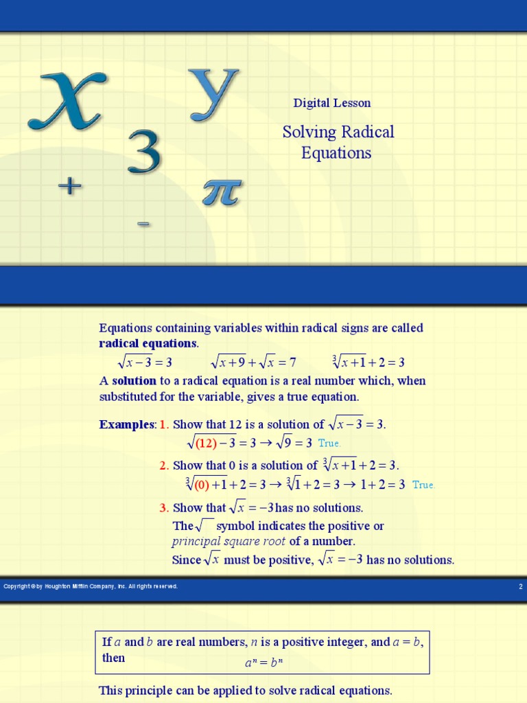 Solving Radical Equations: Digital Lesson | PDF | All Rights Reserved ...