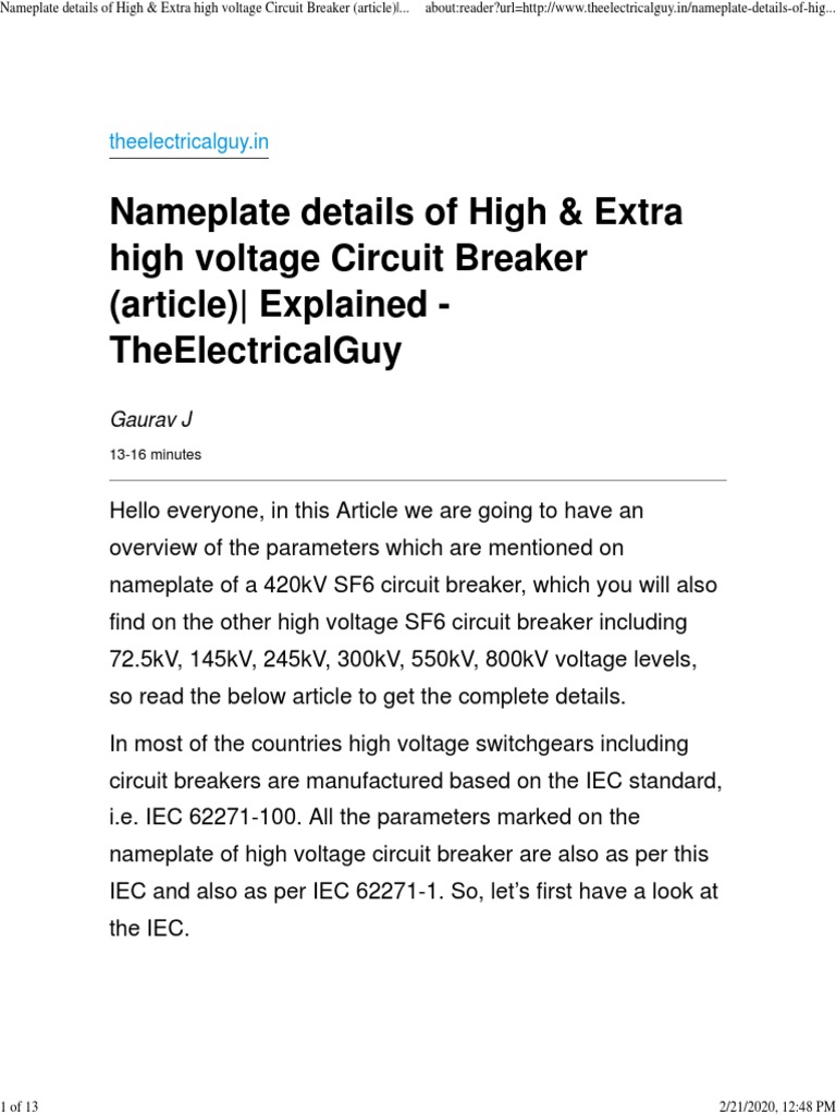 Nameplate Details of High & Extra High Voltage Circuit Breaker (Article