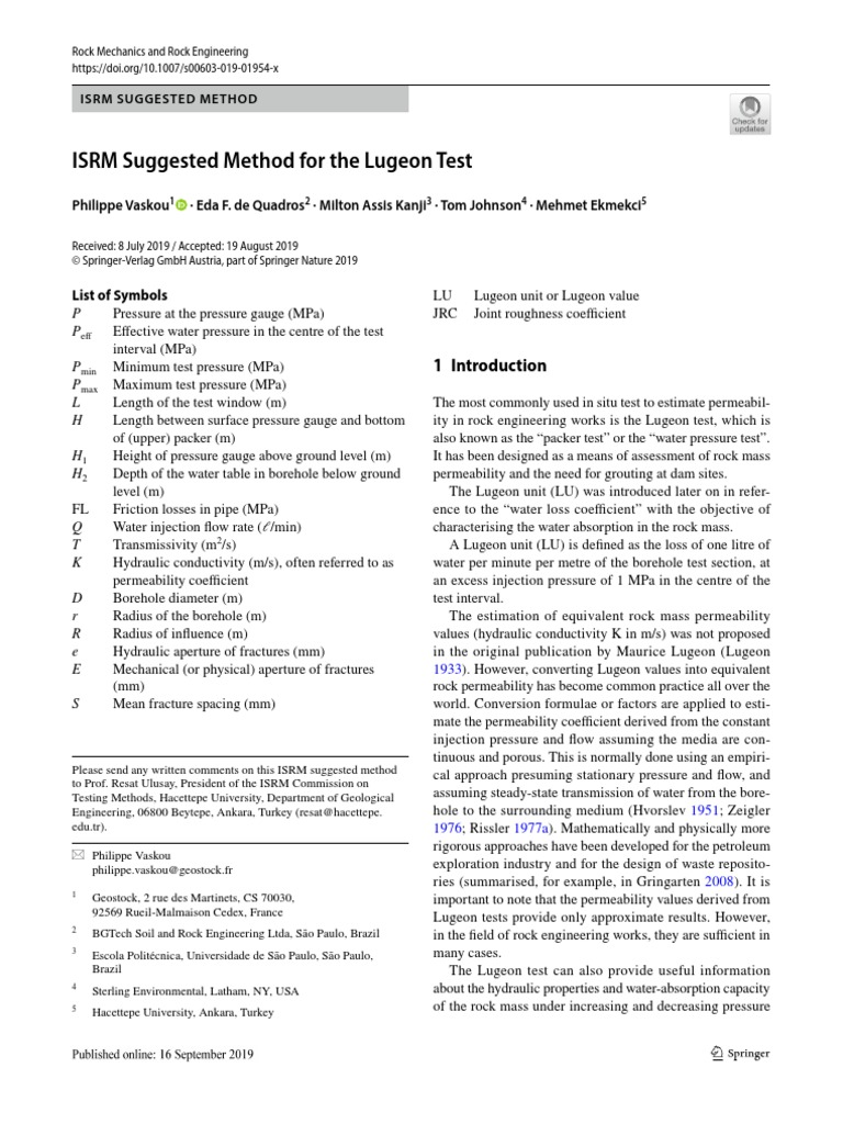 Vaskou, P. (2019) - ISRM Suggested Method For The Lugeon Test. | PDF ...