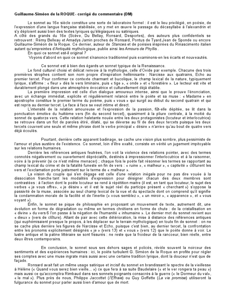 Commentaire Gs De La Roque Corrige Pdf Sonnets Poesie