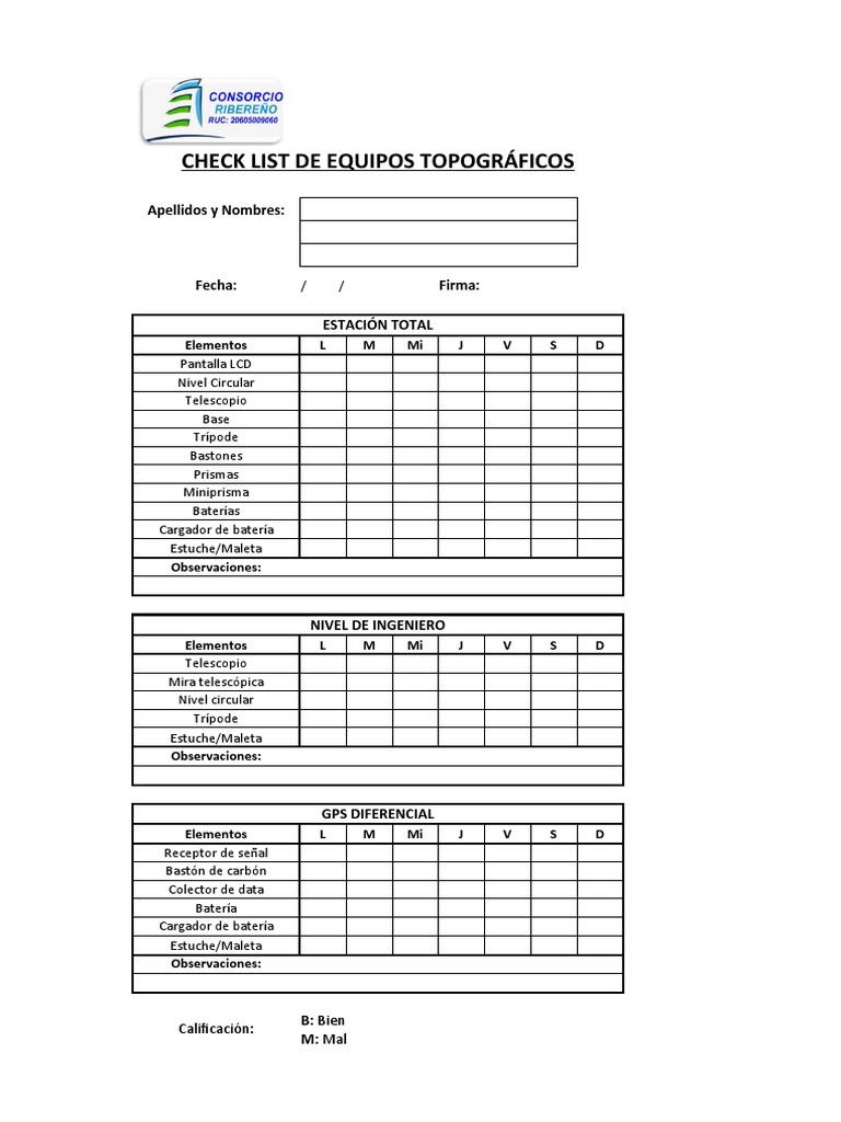 Check List Equipos de Topografia | PDF