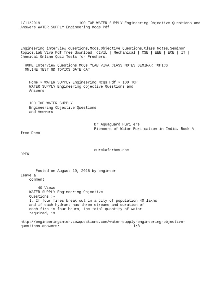 100 TOP WATER SUPPLY Engineering Objective Questions PDF Multiple