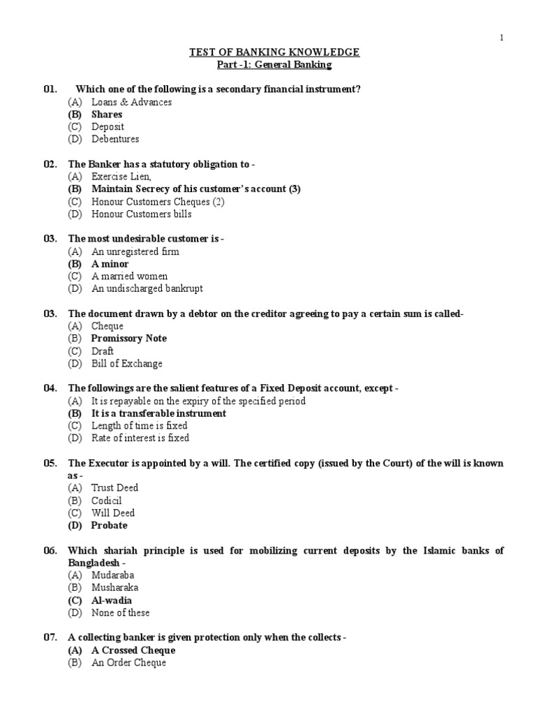 General Banking Questions With Answer Morshed PDF Debits And Credits Cheque