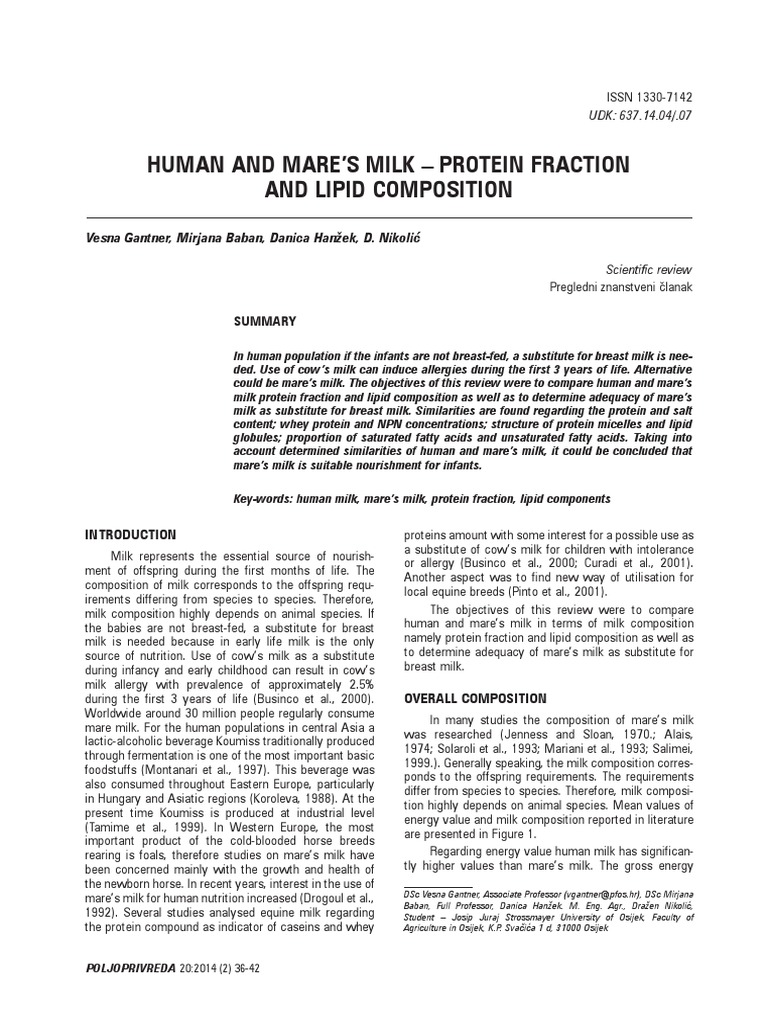 Human and Mare'S Milk - Protein Fraction and Lipid Composition | PDF ...