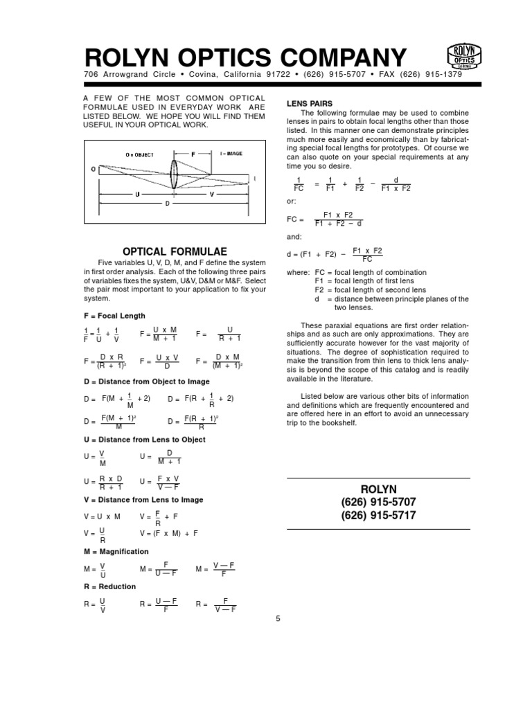 Rolyn Optics_OpticalFormulae  Lens (Optics)  Optics