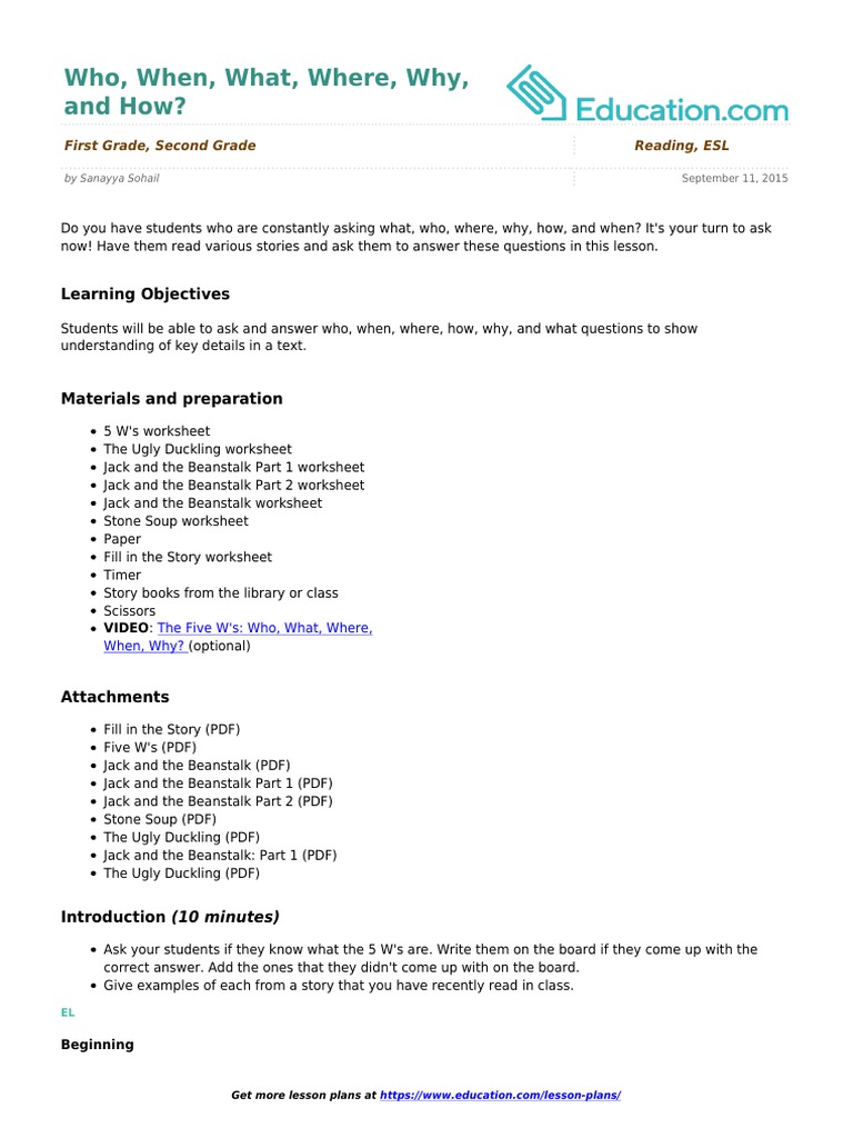 Who, When, What, Where, Why, and How?: Learning Objectives | PDF ...