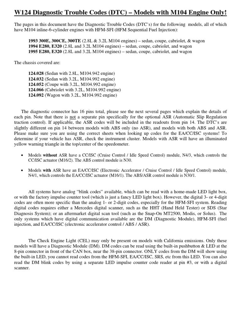 DTC List W124 M104 | PDF | Fuel Injection | Throttle