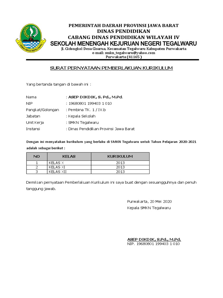 Surat Pernyataan Kurikulum Smkn Tegalwaru Pdf