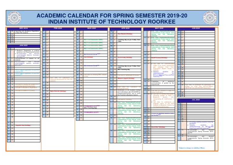 Academic Calendar For Spring Semester 201920 Indian Institute of