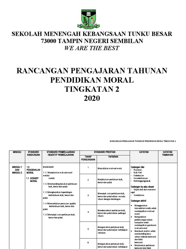 Rancangan Tahunan Tingkatan 1 2020 Pendidikan Moral Pdf