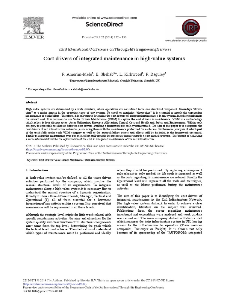 Sciencedirect Cost Drivers of Integrated Maintenance in HighValue