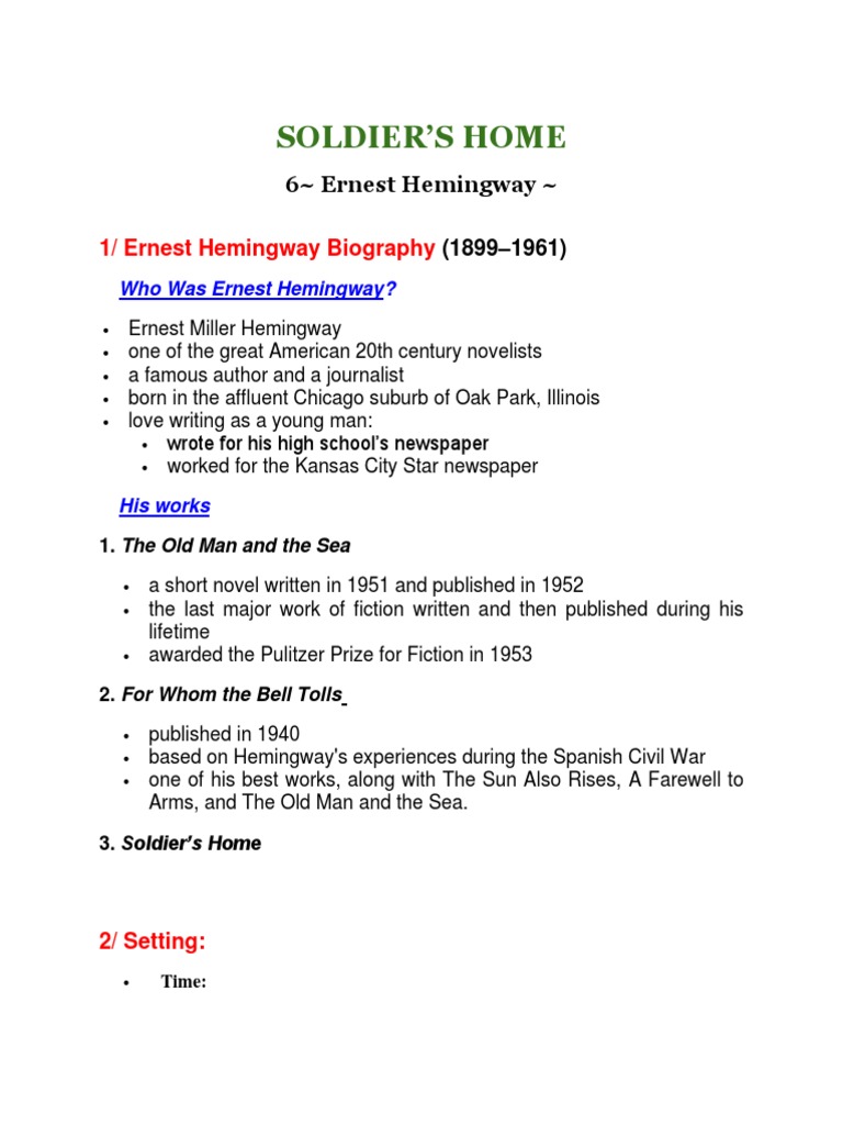 Soldier's Home Analysis PDF Ernest Hemingway Narration