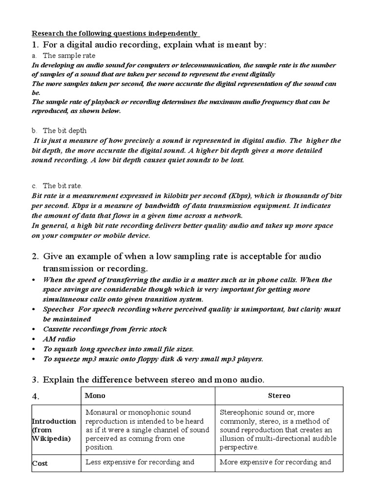 For A Digital Audio Recording, Explain What Is Meant By Research The