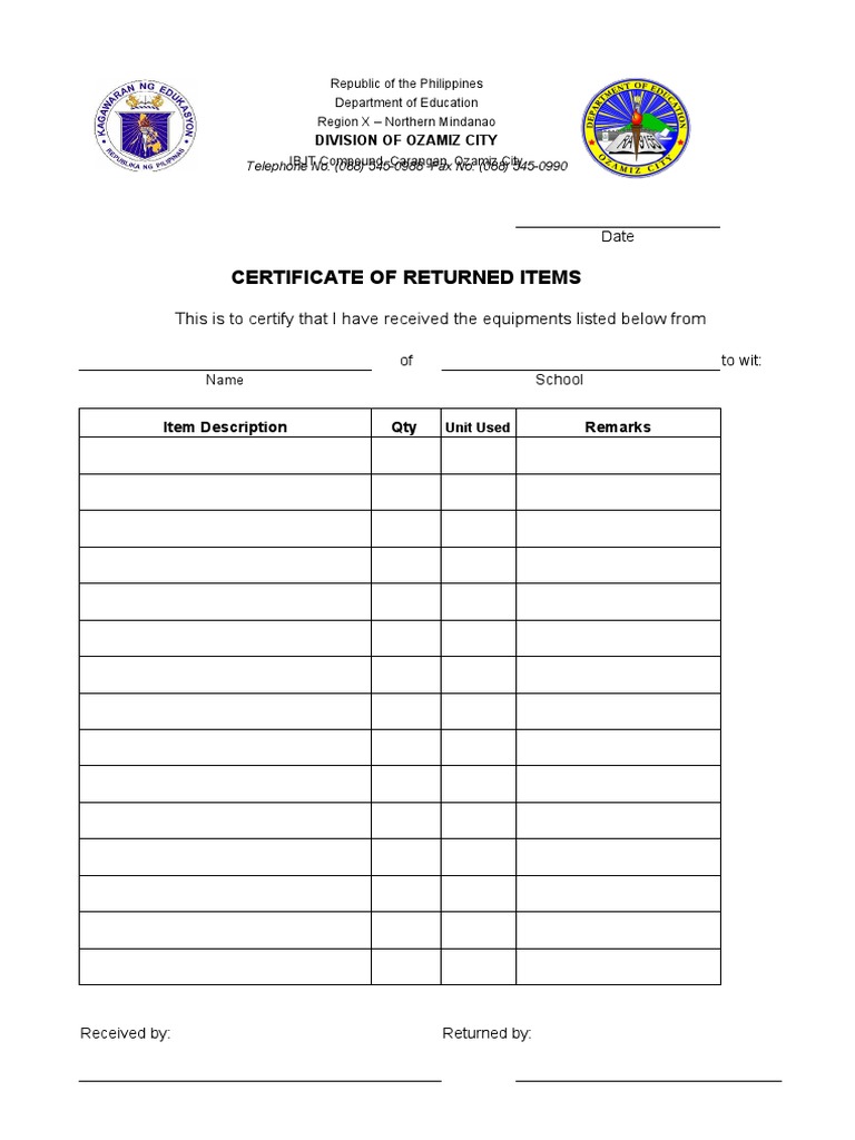 Returned Items Certificate PDF