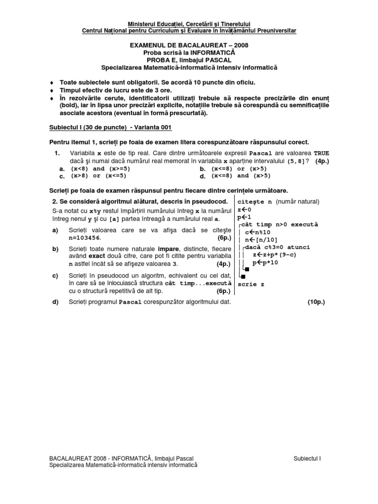 Varianta 1 - Subiecte Informatica Intensiv Pascal Bacalaureat 2008 | PDF