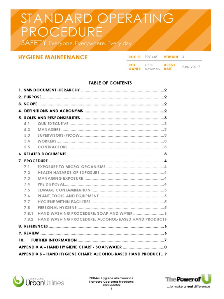 Hygiene Maintenance SOP for QUU | PDF | Hygiene | Hand Washing