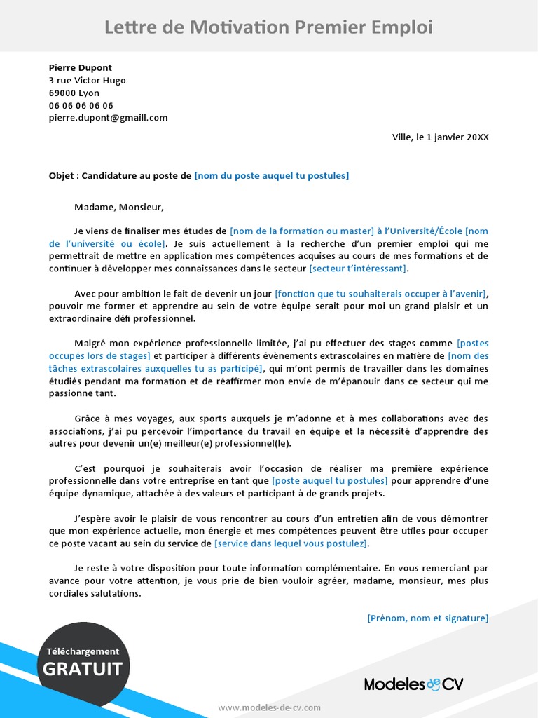 8 Exemple Lettre De Motivation Premier Emploi Pdf Entretien D Embauche Motivation