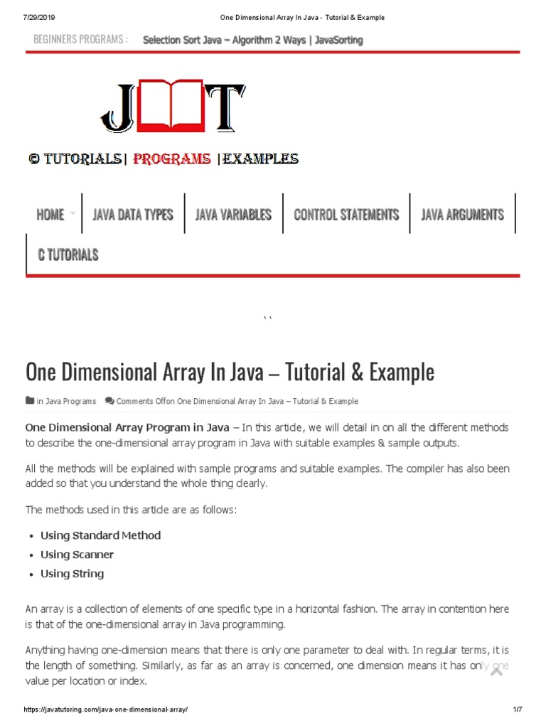 One Dimensional Array in Java - Tutorial & Example-Por | PDF | Array ...