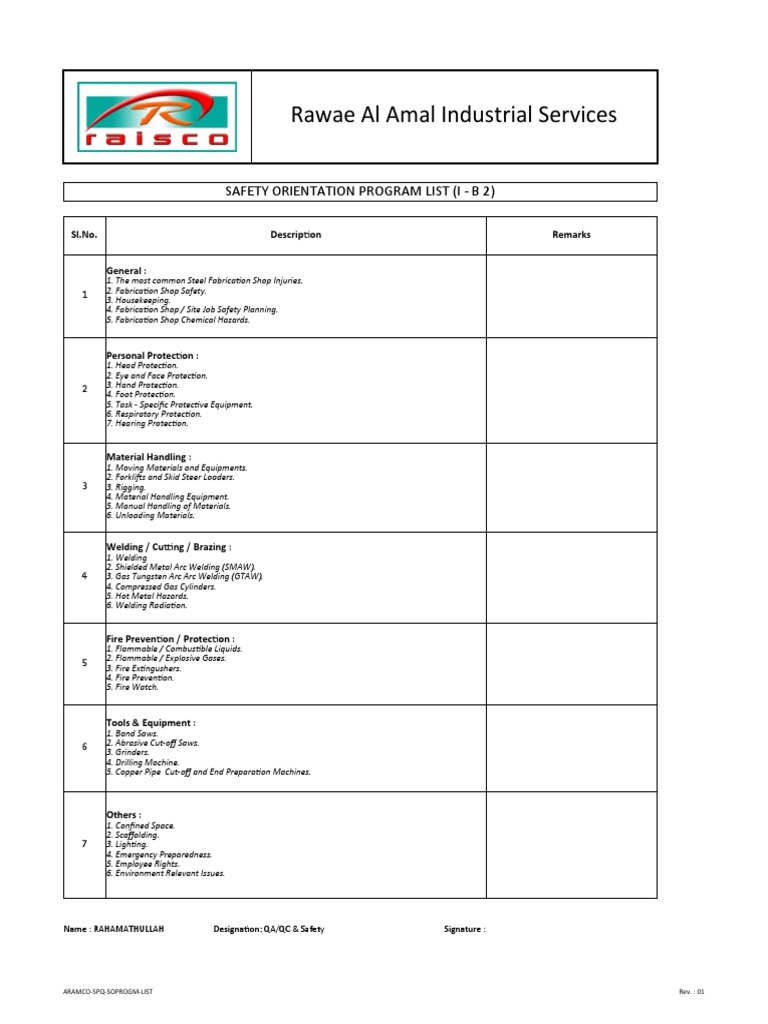 B - 2. Safety Orientation Program List | PDF | Science & Mathematics ...
