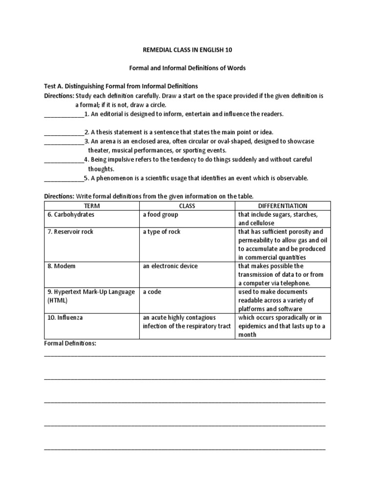 Worksheet - Formal & Informal Definition - Remedial Class | PDF | Infection  | Computing