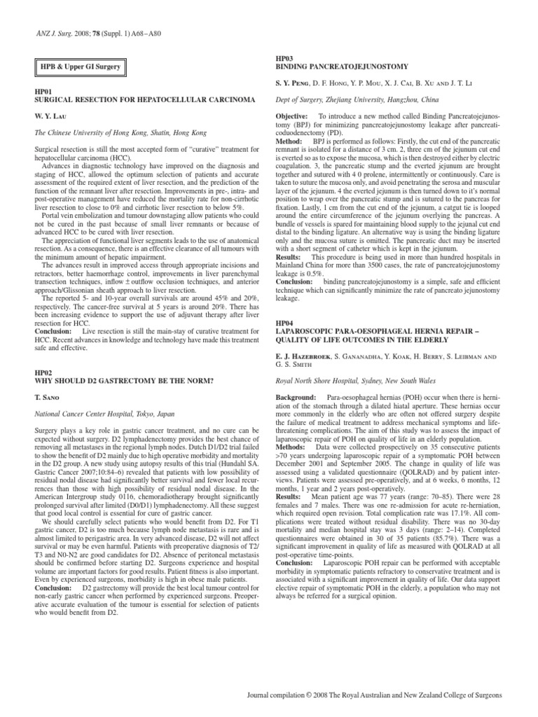 ANZ J. Surg. 2008 78 (Suppl. 1) A68-A80 | PDF | Surgery | Pancreatic Cancer