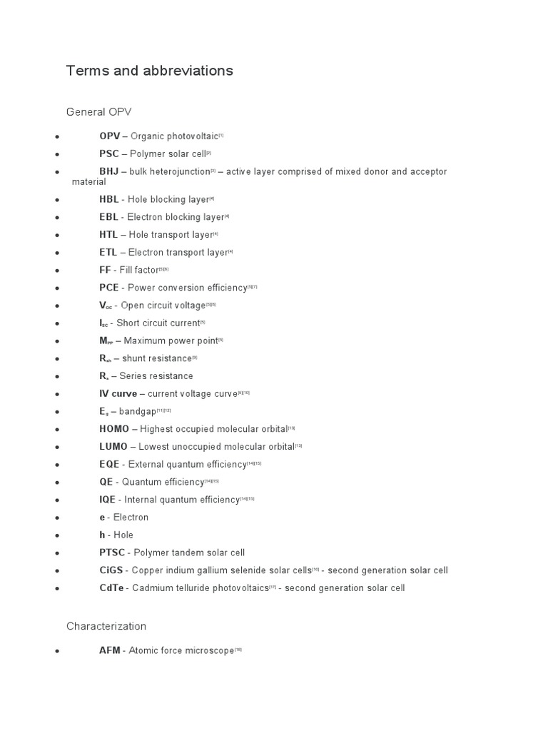 A Comprehensive Glossary of Key Terms, Abbreviations, Materials and