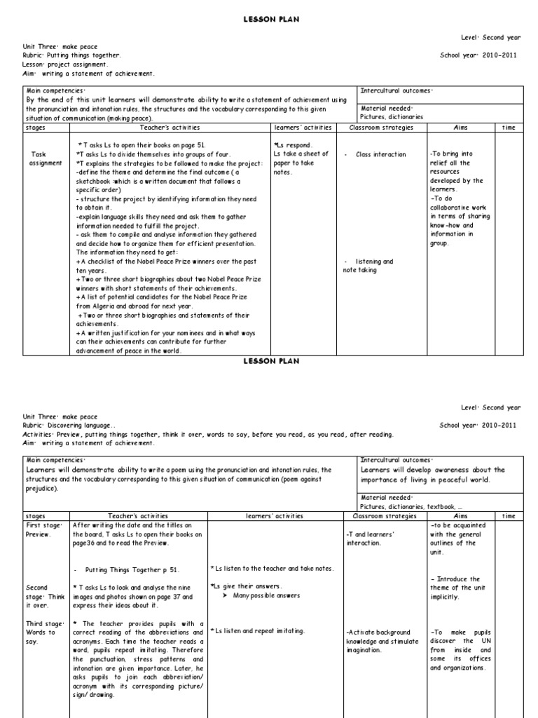 Unit Three: Make Peace Lesson Plans | PDF | Lesson Plan | Question