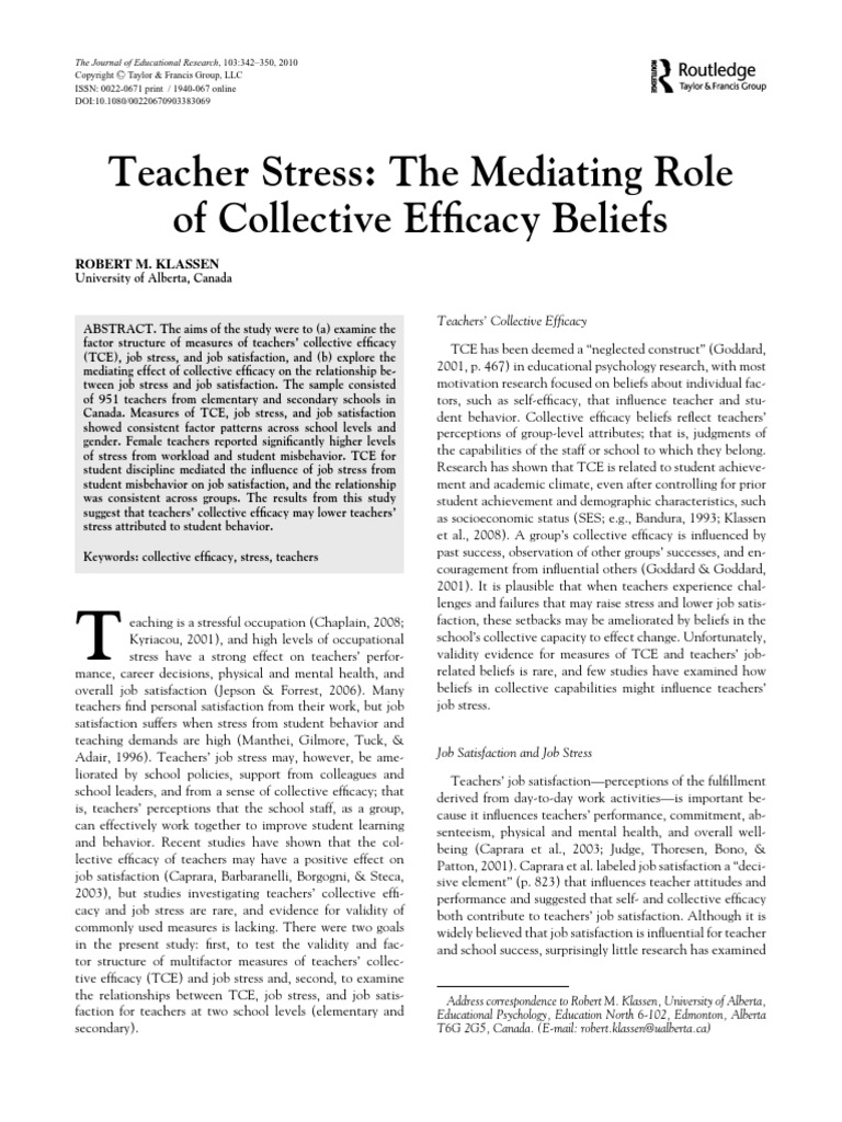 Teacher Stress: The Mediating Role of Collective Efficacy Beliefs | PDF ...