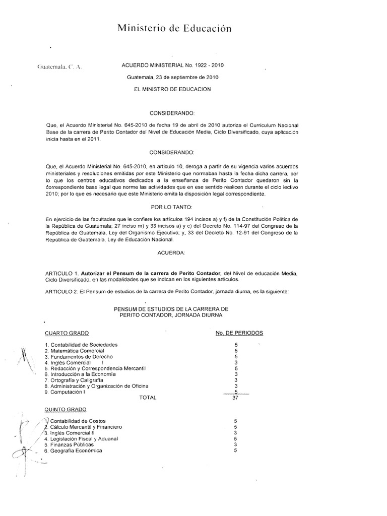 Acuerdo No. 1922-2010 (Pensum de Estudios de Perito Contador) | PDF