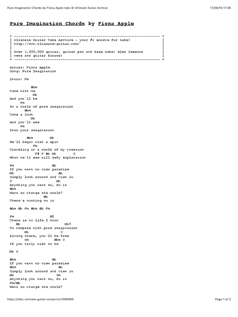 Pure Imagination Chords by Fiona Apple Tabs | PDF | Guitars | Guitar