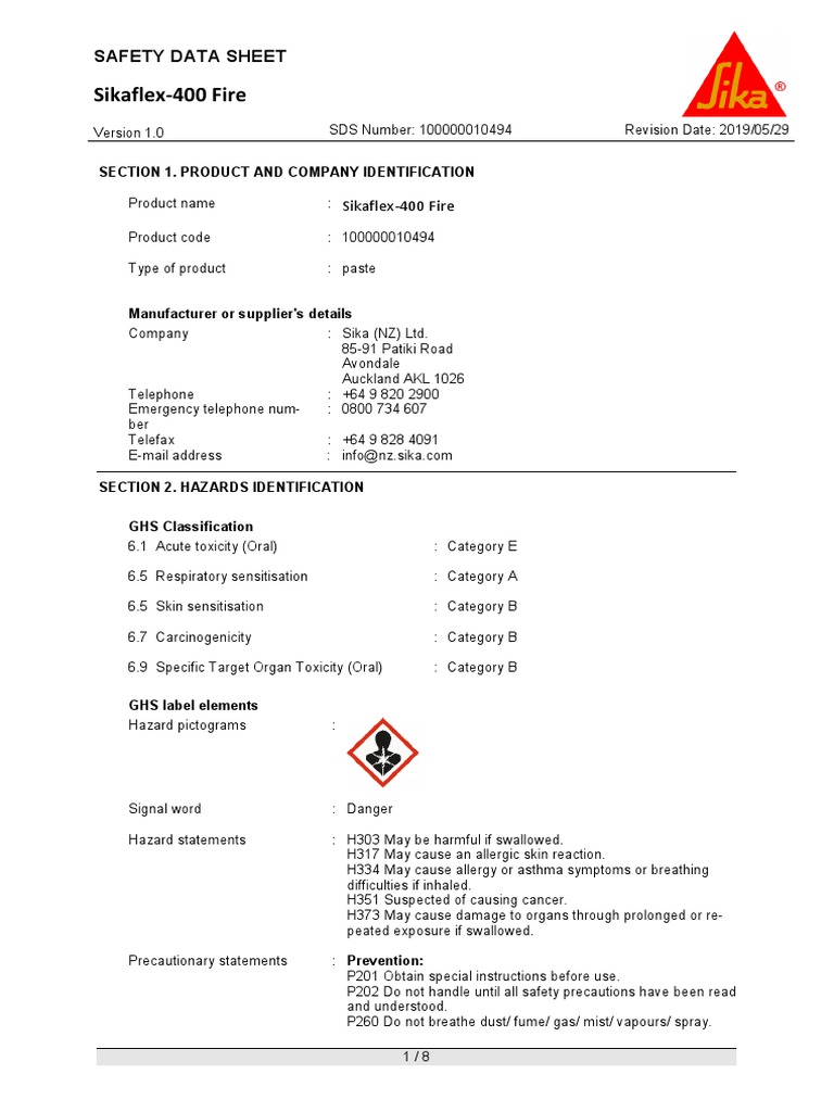 Sikaflex-400 Fire Safety Data Sheet | PDF | Toxicity | Safety