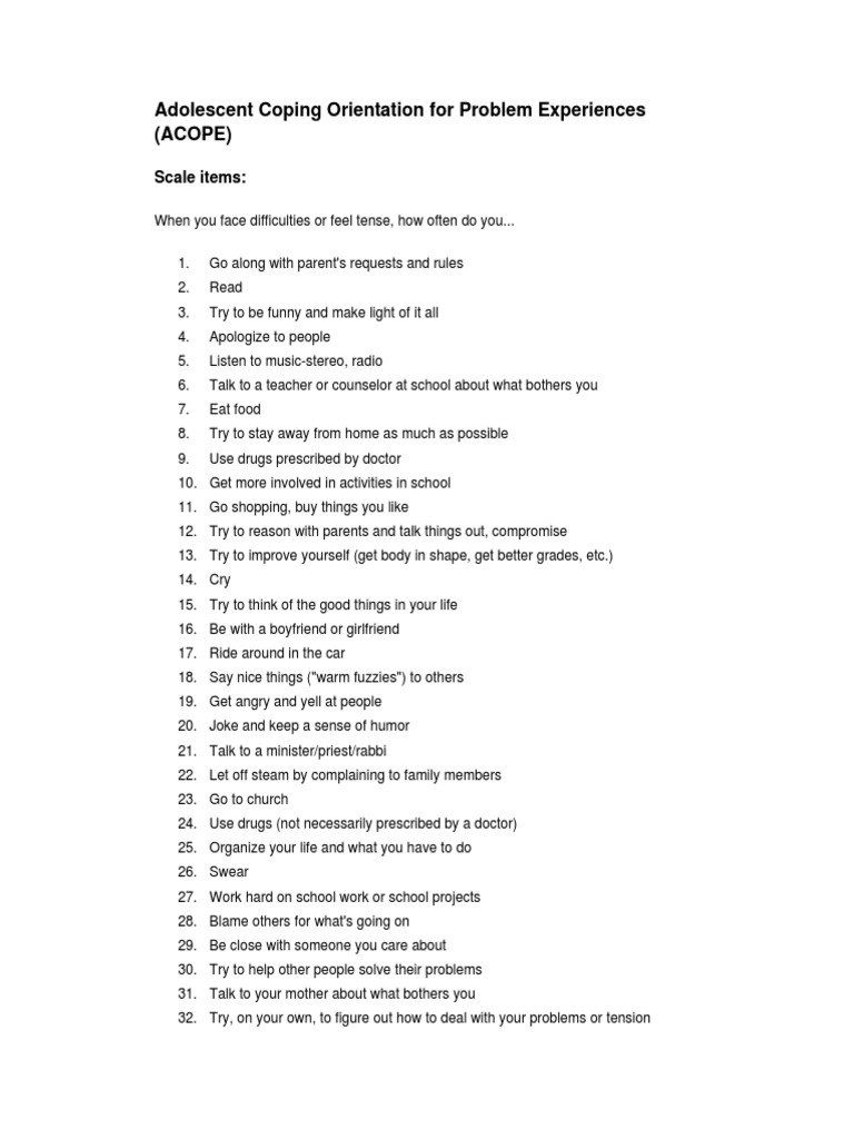 Adolescent Coping Orientation For Problem Experiences (Acope) | PDF