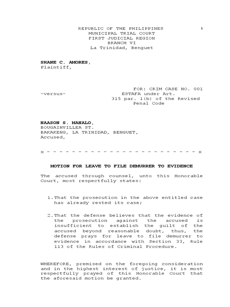 Motion for Leave to File Demurrer | PDF | Demurrer | Prosecutor