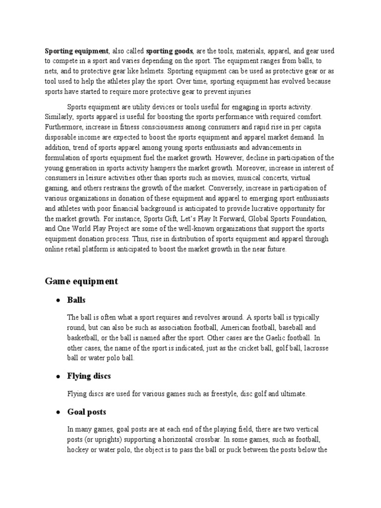 Game Equipment Sporting Equipment, Also Called Sporting Goods, Are The Tools, Materials