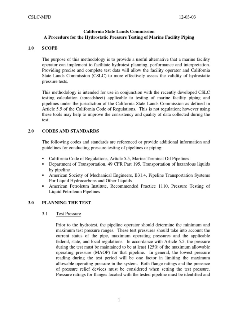California Hydro Testing Procedure PDF | PDF | Pipeline Transport | Leak