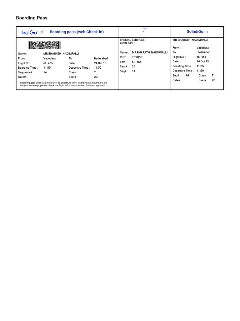 Indigo Flight 6E 465 Boarding Pass | PDF
