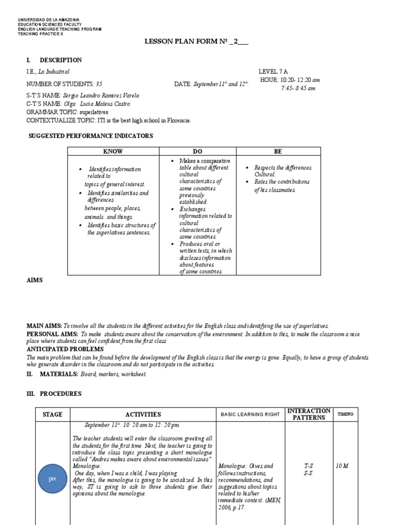 Lesson Plan Form # - 2 - : I. Description | PDF | Teaching | Communication