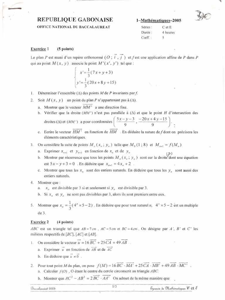 Sujet Type Bac Maths Terminale S Avec Corrigé Bac C Et e 2005 Maths Sujet Et Corrige Gabon | PDF | Coordonnées  cartésiennes | Plan (Géométrie)