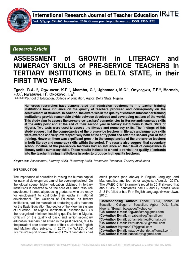 ASSESSMENT of GROWTH in LITERACY and NUMERACY SKILLS of PRE-SERVICE ...