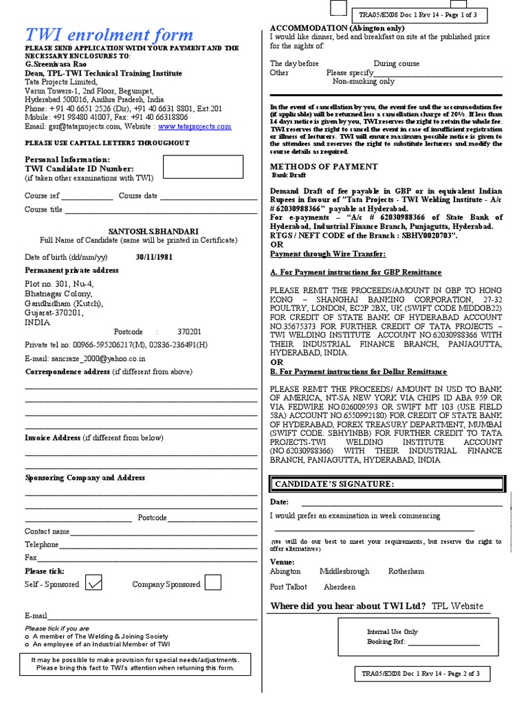 TWI Enrolment Form for Training | PDF | Nondestructive Testing | Wire ...