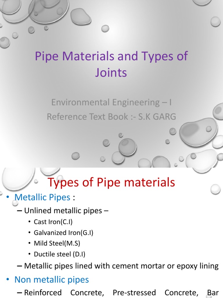 Pipe Materials and Types of Joints Environmental Engineering I